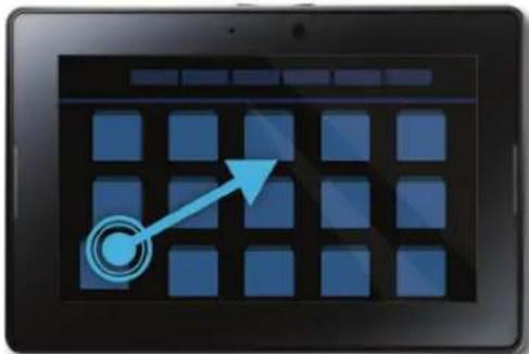 Tablet displaying a grid with a blue arrow pointing to a target symbol (no text or labels)