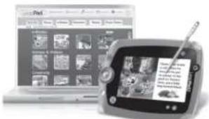Scanned image showing a laptop displaying a grid of images and a digital tablet with a pen, alongside a photo editing interface.