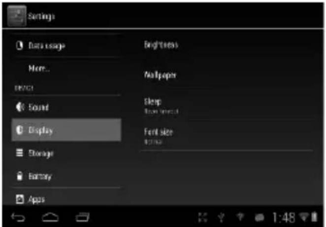 Settings Data usage More... BEGIN Sound Display Storage Battery Apps Brightness Wallpaper Sleep Base icon Ferd size 40ms 1:48