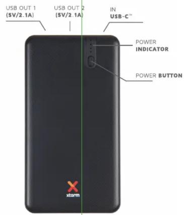 USB OUT 1 (5V/2.1A) USB OUT 2 (5V/2.1A) IN USB-C™ POWER INDICATOR POWER BUTTON x storm
