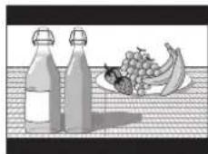 Illustration of a milk bottle, a bunch of grapes, and a plate of bananas on a textured surface (no text or symbols)