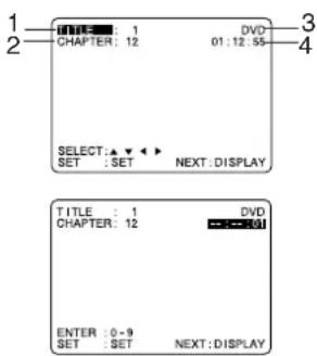 TITLE: 1 DVD CHAPTER: 12 01:12.55 SELECT:▲▼▶ SET :SET NEXT:DISPLAY TITLE : 1 DVD CHAPTER: 12 ENTER :0-9 NEXT:DISPLAY