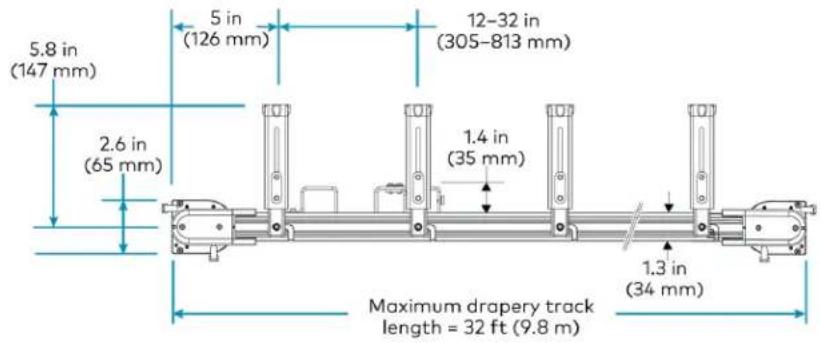 5.8 in (147 mm) 2.6 in (65 mm) 5 in (126 mm) 12-32 in (305-813 mm) 1.4 in (35 mm) 1.3 in (34 mm) Maximum drapery track length = 32 ft (9.8 m)