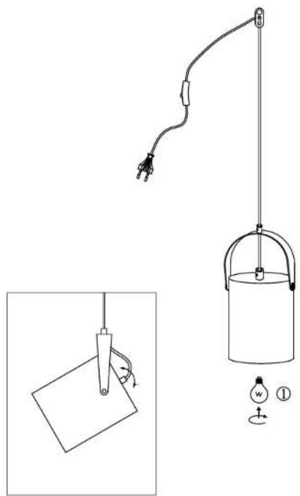 Diagram showing a hanging device with a wire and lever, alongside its schematic view with a paper sheet and a light bulb.