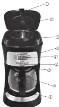 Labeled diagram of a coffee maker with numbered parts for identification