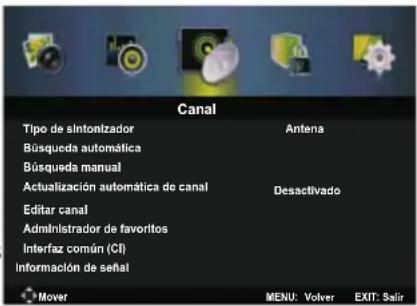 Canal Tipo de sintonlizador Búsqueda automática Búsqueda manual Actualización automática de canal Editar canal Administrador de favoritos Interfaz común (CI) Información de señal Antena Desactivado MENU: Volver EXIT: Salir