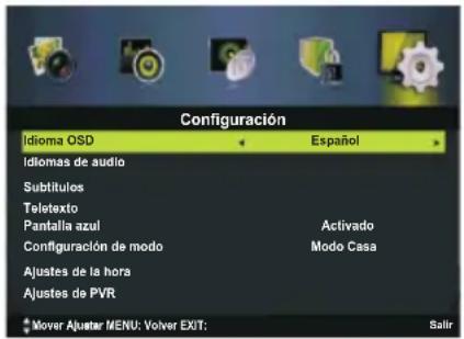 Configuración Idioma OSD Español Idiomas de audio Subtitulos Teletexto Pantalla azul Activado Configuración de modo Modo Casa Ajustes de la hora Ajustes de PVR Mover Ajustar MENU: Volver EXIT: Salir