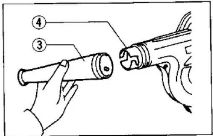 Technical diagram showing hands holding a cylindrical component with labeled parts 3 and 4