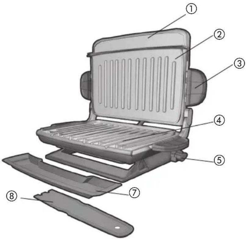 Labeled diagram of a computer monitor chassis showing eight numbered components for identification.