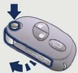 Illustration of a car key with control buttons and a downward arrow indicating rotation (no text or symbols)
