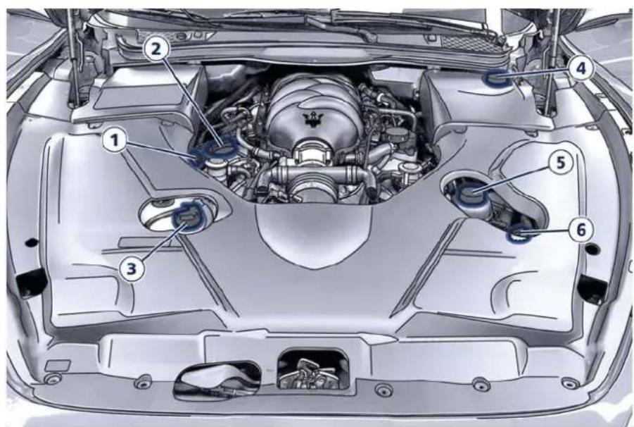 Technical diagram of a car engine bay with numbered components for identification