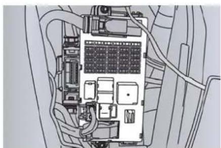 Top-down schematic of an automotive electrical panel with visible wiring and components (no text or labels)