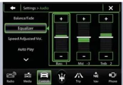 Settings > Audio Balance/Fade Equalizer Speed Adjusted Vol. Auto Pay + + + - - - - Ras 1 Mid -3 Terb 2 Radio Media Controls Trip Nav Phone