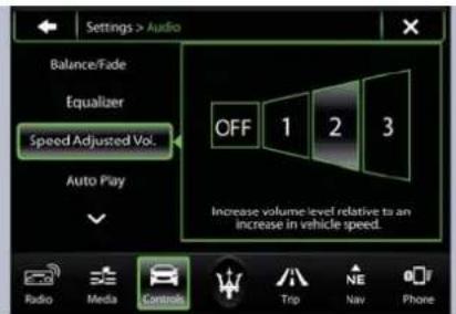 Settings > Audio Balance/Fade Equalizer Speed Adjusted Vol. Auto Pay OFF 1 2 3 Increase volume level relative to an increase in vehicle speed. Radio Media Controls Trip Nav Phone