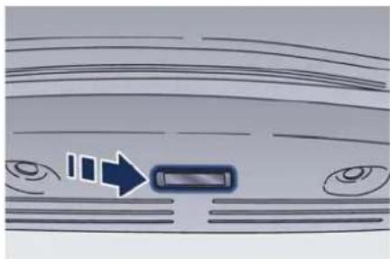 Illustration of a car's front window with a blue arrow pointing to the side panel (no text or symbols)