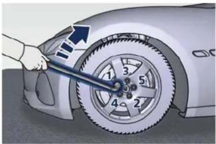 Illustration of a car tire being cleaned with a tool, showing the wheel and tire number (no text or symbols present)