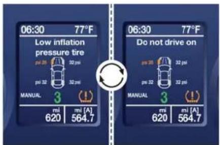 06:30 77°F Low inflation pressure tire pm 25 32 psi pm 32 32 psi MANUAL 3 MI mi [A] 620 564.7 06:30 77°F Do not drive on pm 25 32 psi pm 32 32 psi MANUAL 3 MI mi [A] 620 564.7