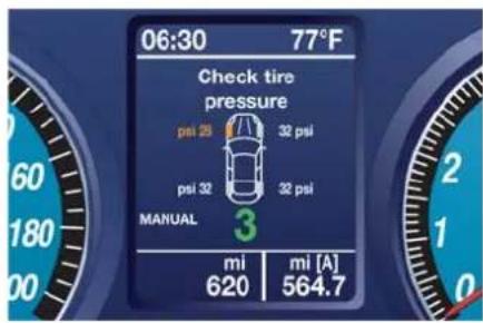06:30 77°F Check tire pressure psi 25 32 psi psi 32 32 psi MANUAL 3 mi 620 mi [A] 564.7