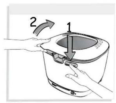 Diagram showing a kitchen appliance with labeled parts and directional arrows indicating rotation or adjustment.