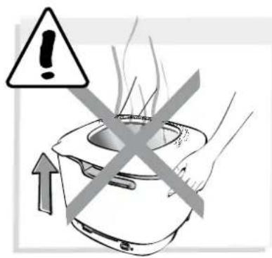 Warning symbol with exclamation mark and upward arrow, indicating incorrect cooking or heating conditions