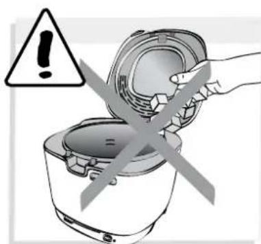 Illustration showing a hand removing a cooking pot with warning symbol and crossed lines indicating removal or disassembly.