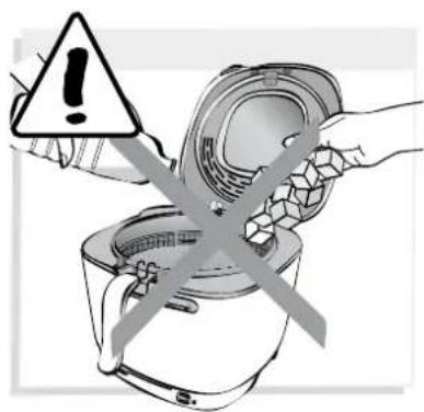Illustration showing a hand holding a warning triangle with an exclamation mark, crossed out by a broken-out box of food into a container.