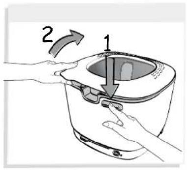 Diagram showing hands operating a kitchen appliance with labeled parts 1 and 2, indicating a step in the process.