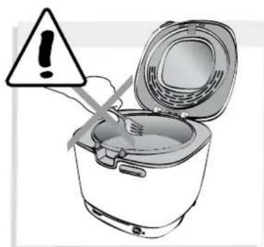 Illustration of a rice cooker with warning symbol indicating chemical hazard