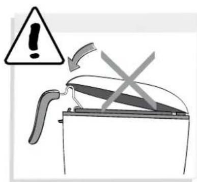 Warning symbol and instruction illustration showing a device with an exclamation mark and crossed-out lines