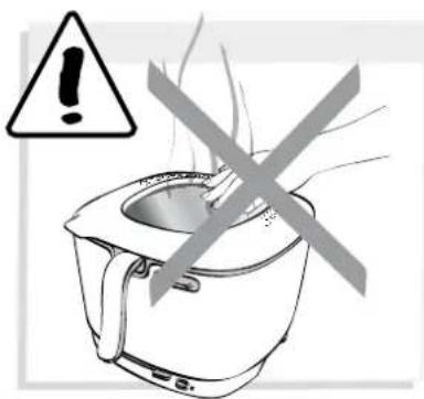 Warning symbol with exclamation mark and warning triangle, depicting a cooking pot with steam rising