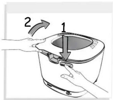 Diagram showing a hand operating a kitchen appliance with labeled parts and directional arrows indicating rotation or change.