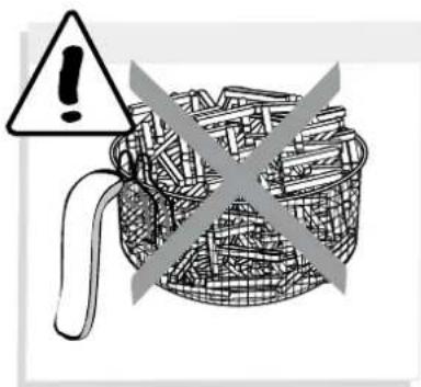 Warning symbol with exclamation mark over a basket filled with fibers, indicating hazardous material or waste.