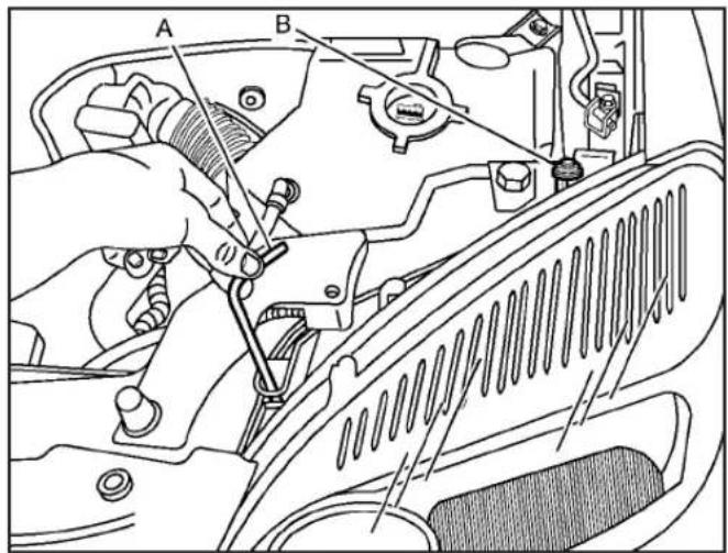 Technical diagram showing a hand using a tool to adjust or install components on an engine compartment, labeled with points A and B.