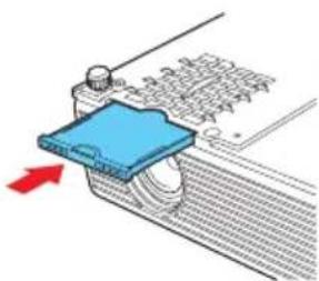 Technical diagram showing a blue component pressing into a mechanical part with Chinese text labels and an arrow indicating motion direction.