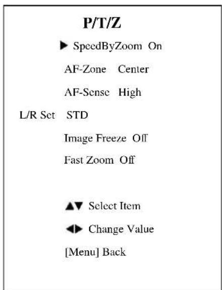 P/T/Z ► SpeedByZoom On AF-Zone Center AF-Sense High L/R Set STD Image Freeze Off Fast Zoom Off ► Select Item ◄ Change Value [Menu] Back
