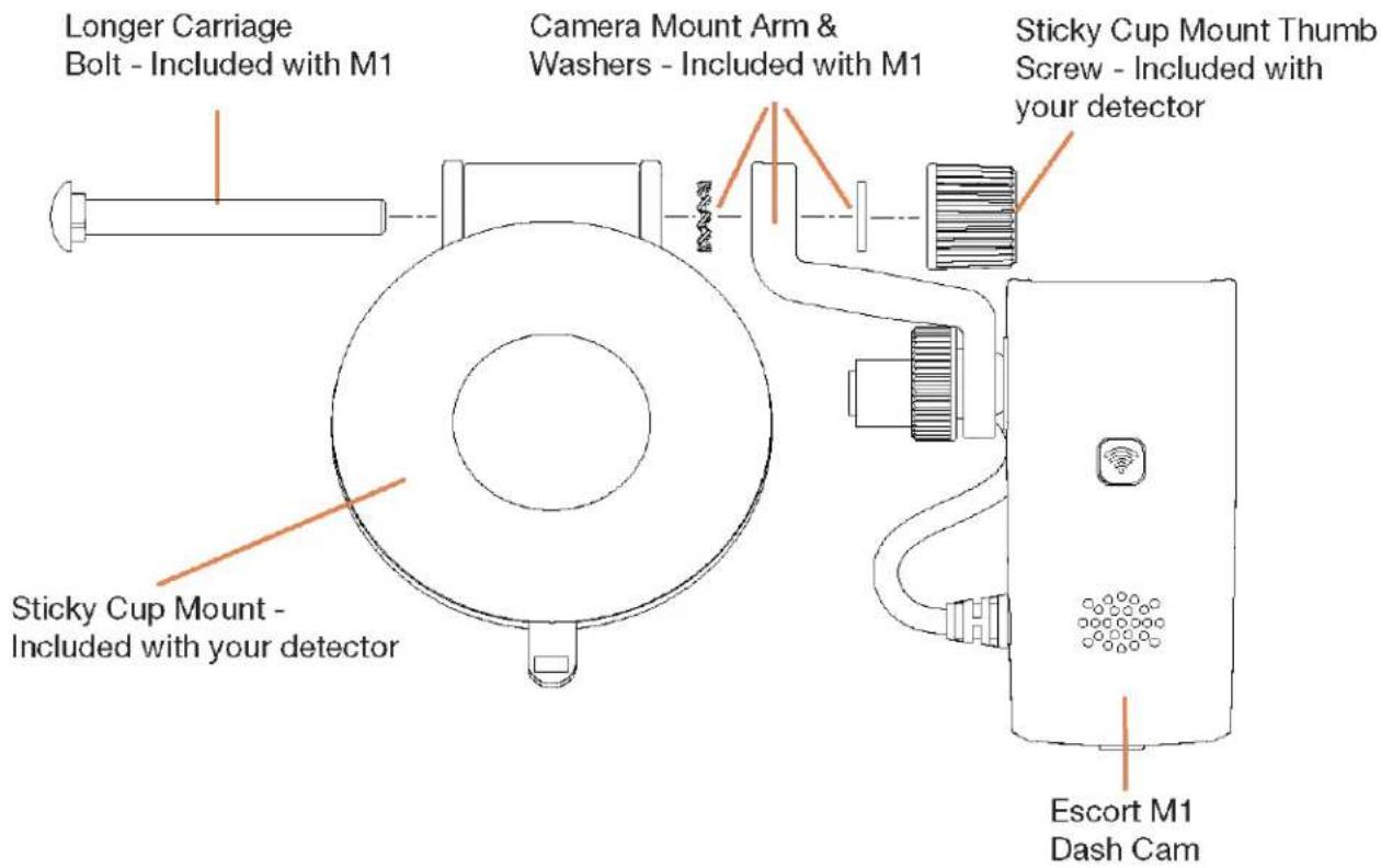 Longer Carriage Bolt - Included with M1 Camera Mount Arm & Washers - Included with M1 Sticky Cup Mount Thumb Screw - Included with your detector Sticky Cup Mount - Included with your detector Escort M1 Dash Cam