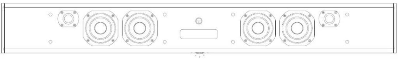 Technical line drawing of a mechanical component with multiple circular features and mounting holes (no text or symbols)