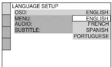CONFIGURACIÓN DE IDIOMA OSD: INGLÉS MENÚ: INGLÉS AUDIO: FRANCÉS SUBTÍTULOS: ESPAÑOL PORTUGUÉS