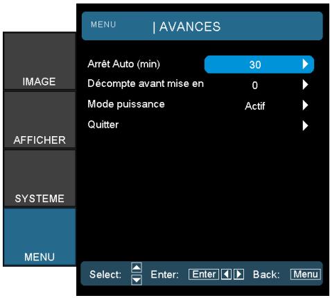 MENU | AVANCES Arrêt Auto (min) 30 Décompte avant mise en 0 Mode puissance Actif Quitter OFFICHER SYSTEME MENU Select: Enter: Enter Back: Menu