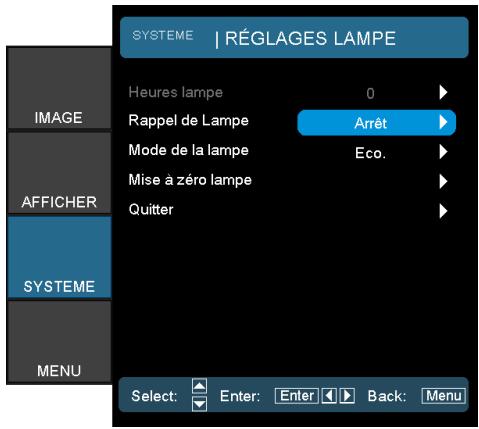SYSTEME | RÉGLAGES LAMPE Heures lampe 0 Rappel de Lampe Arrêt Mode de la lampe Eco. Mise à zéro lampe Quitter AFFICHER SYSTEME MENU Select: Enter: Enter Back: Menu