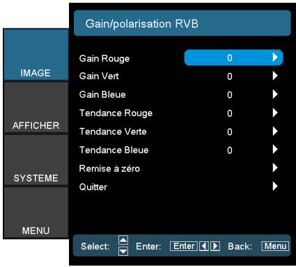 Gain/polarisation RVB IMAGE AFFICHER SYSTEME MENU Gain Rouge 0 Gain Vert 0 Gain Bleue 0 Tendance Rouge 0 Tendance Verte 0 Tendance Bleue 0 Remise à zéro Quitter Select: Enter: Enter Back: Menu