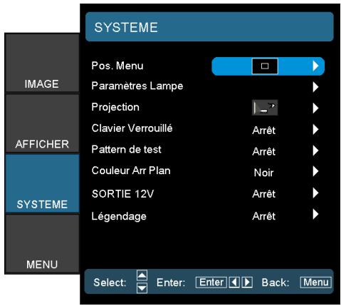 SYSTEME Pos. Menu Paramètres Lampe Projection Clavier Verrouillé Arrêt Pattern de test Arrêt Couleur Arr Plan Noir SORTIE 12V Arrêt Légendage Arrêt SELECT: Enter: Enter Back: Menu