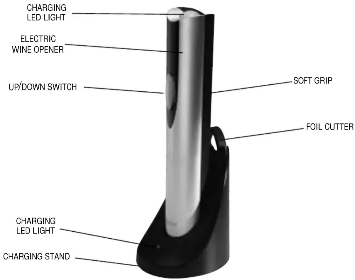 CHARGING LED LIGHT ELECTRIC WINE OPENER UP/DOWN SWITCH SOFT GRIP FOIL CUTTER CHARGING LED LIGHT CHARGING STAND