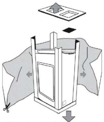 Diagram illustrating a sewing machine operation with labeled parts and directional arrows indicating fabric cutting or sewing.