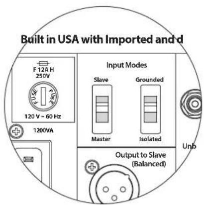 Built in USA with Imported and d F 12A H 250V 120 V ~ 60 Hz 1200VA Input Modes Slave Grounded Master Isolated Output to Slave (Balanced) Unb