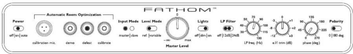 FATHOM™ Power off|on|auto calibration mic. demo defeat calibrate Automatic Room Optimization Input Mode Level Mode master slave ref. variable Master Level 0 0 max Lights off|dim|on LP Filter off|12dB|24dB 50 70 90 40 30 115 130 -3 0 +1 -8 -12 +3 e.l.f. trim (dB) 90 135 180 45 270 225 phase (deg.) 0 180 deg. Polarity