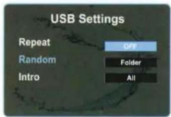 USB Settings Repeat Random Intro OFF Folder All