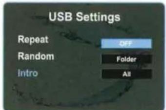 USB Settings Repeat Random Intro OFF Folder All