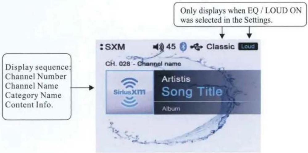 Only displays when EQ / LOUD ON was selected in the Settings. Display sequence: Channel Number Channel Name Category Name Content Info. SXM 45 Classic Loud CH. 028 - Channel name SiriusXM Artistis Song Title Album