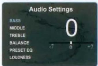 Audio Settings BASS MIDDLE TREBLE BALANCE PRESET EQ LOUDNESS